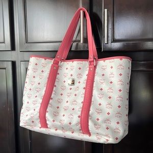 MCM pink, and white tote